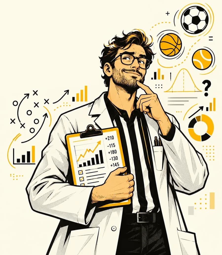 A researcher in a lab coat over a referee's shirt, clipboard of odds under one arm, wondering whether anyone can beat them.